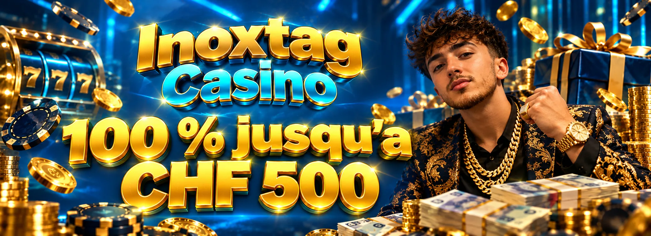 Inoxtag Casino — Pack de bienvenue : 100 % jusqu'à CHF 500 et 150 tours gratuits — CHF 500 + 150 tours gratuits